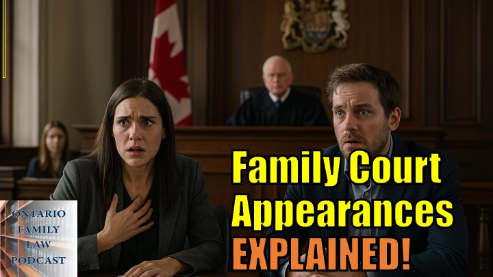 a formal Canadian courtroom setting. At the center and rear of the room, a judge sits elevated behind the bench, with a Canadian flag and an official crest displayed prominently in the background. In the foreground, two individuals sit at a table, each with documents laid out in front of them. Their posture suggests that they are participating in a legal proceeding. The room features dark wood paneling, traditional courtroom furniture, and subdued lighting typical of Canadian court environments. A court staff member is visible further back in the room.